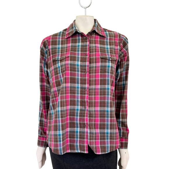 WRANGLER Long Sleeve Plaid Pearl Snap Western Shirt  Brown Pink Blue  SZ L - Picture 2 of 9